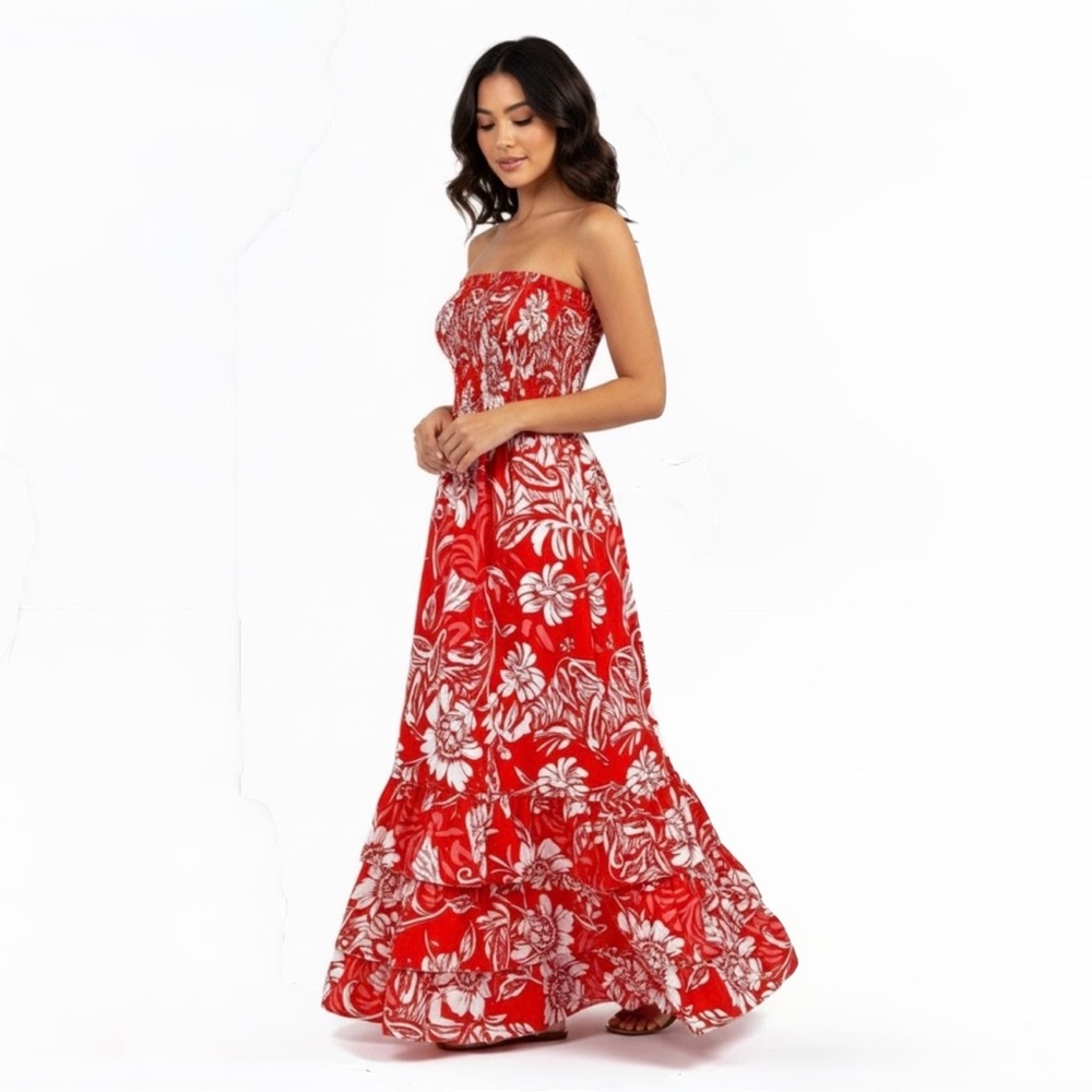 Abel the Label Anthropologie Red Floral Tiered Maxi Dress